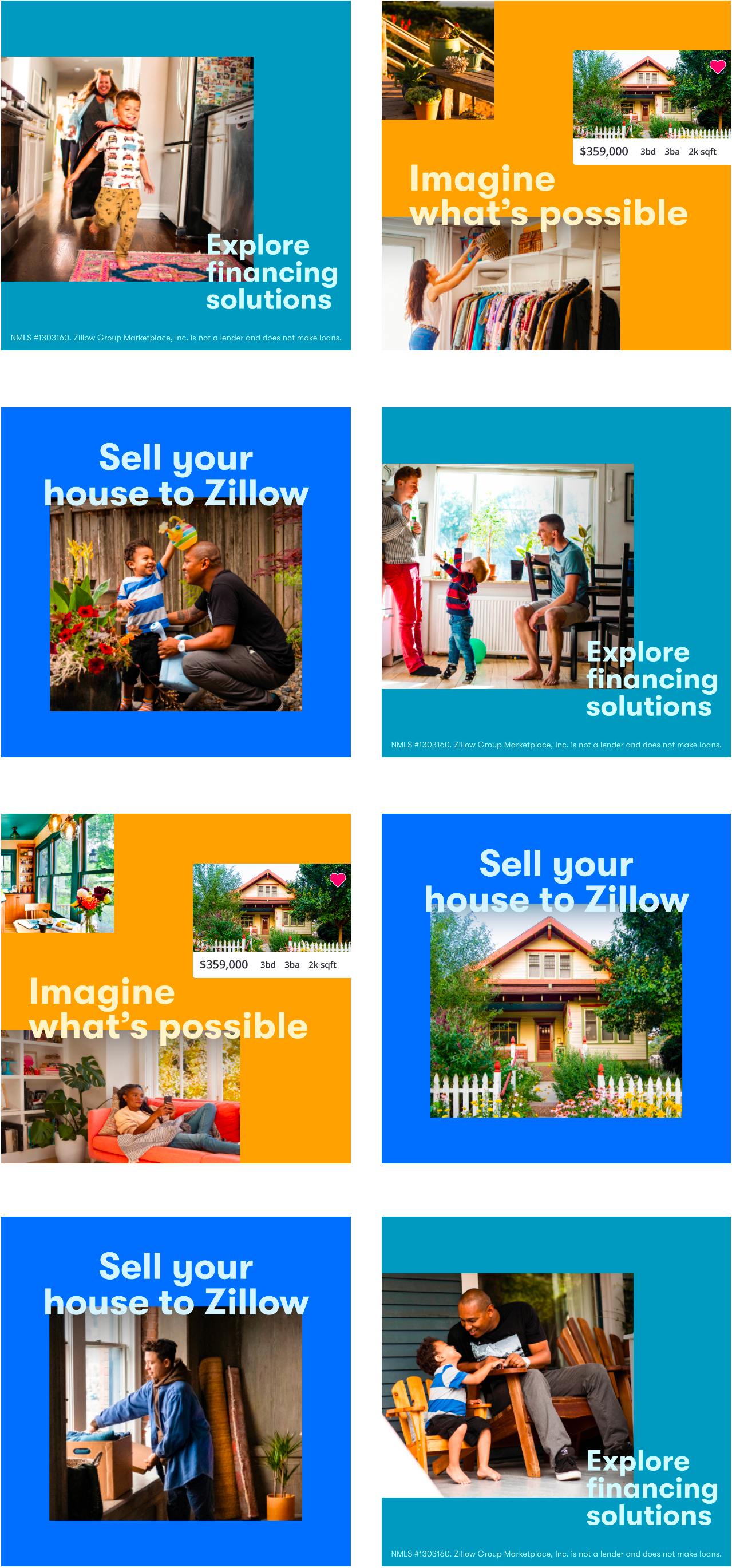 Series of 8 images showing pictures of people living life in their homes alongside bits of UI from the Zillow app.